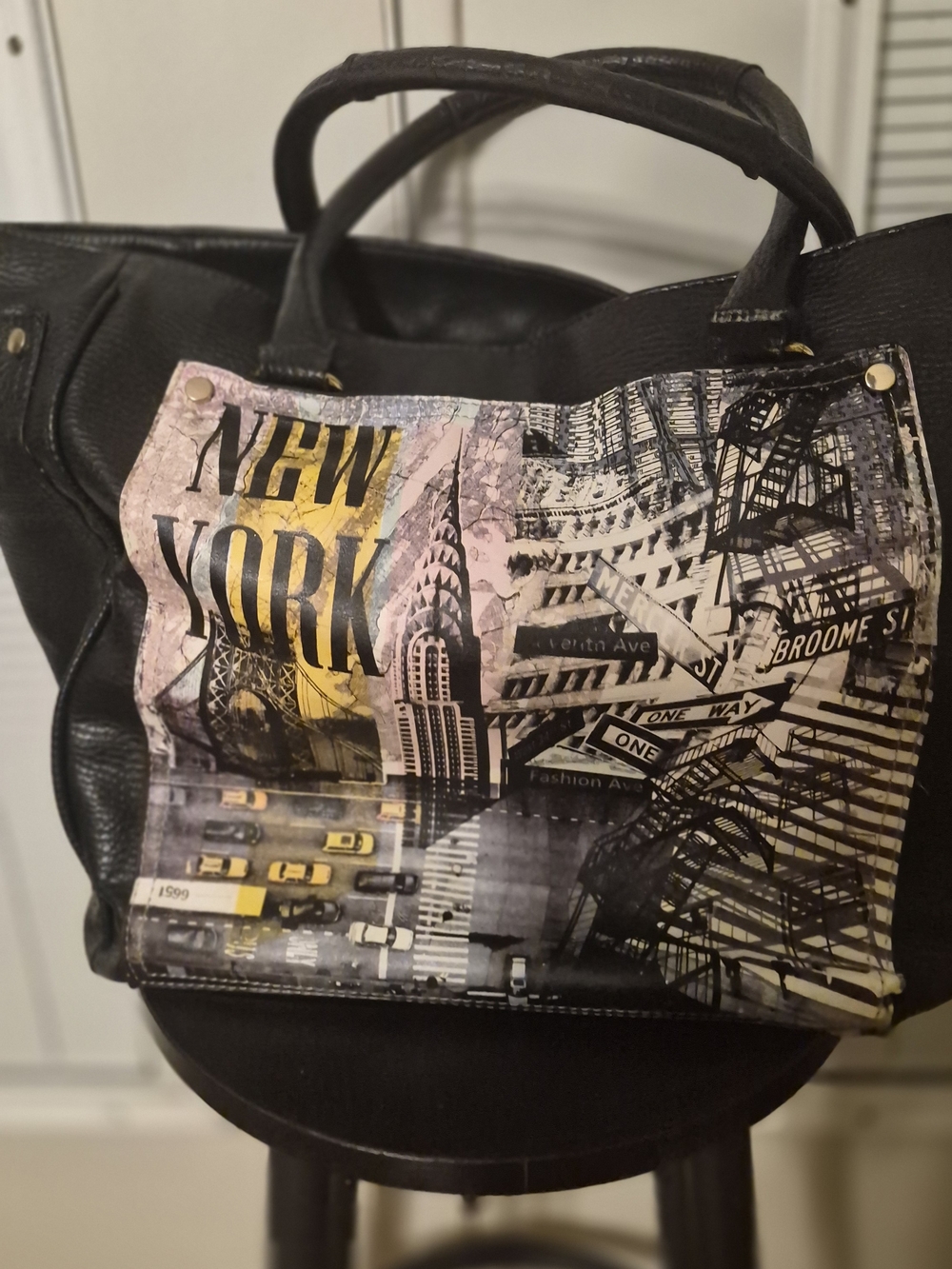 Aldo Black Shoulder Bag with Yellow & Cream New York Print